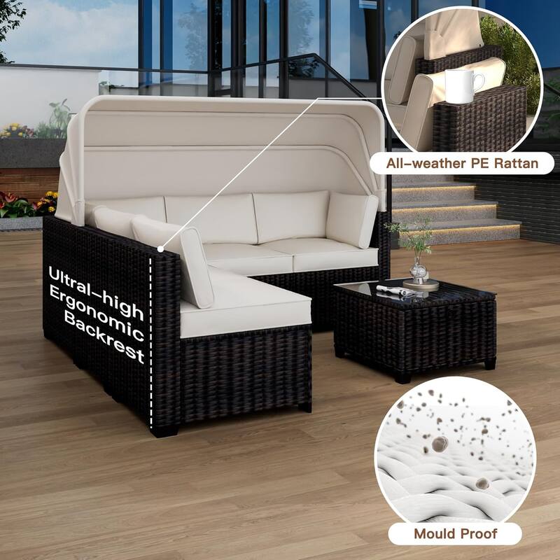 6-Piece PE Rattan Patio Sectional Set, Weather-Resistant Furniture, Retractable Canopy, Adjustable Backrest, Outdoor