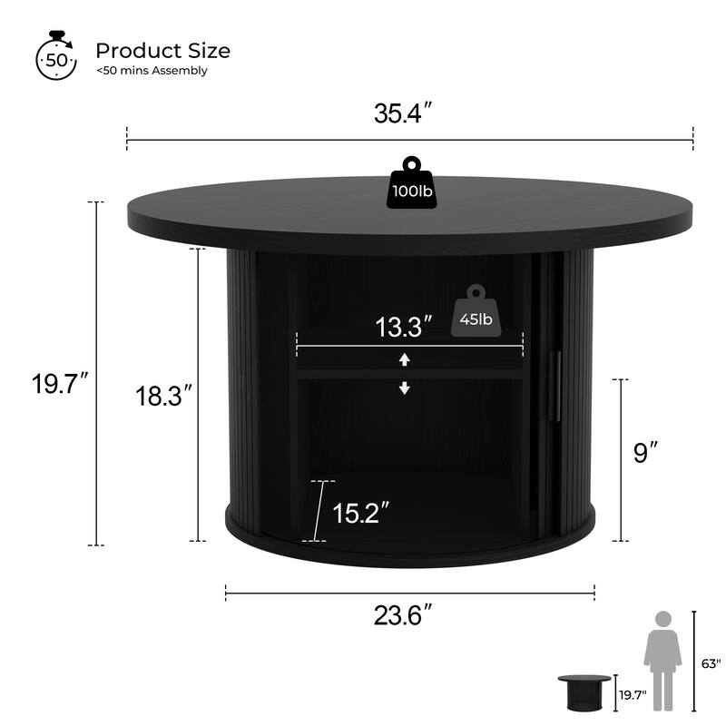 Mid Century Modern Round Coffee Table with Storage, Tambour Door Design Table for Living Room