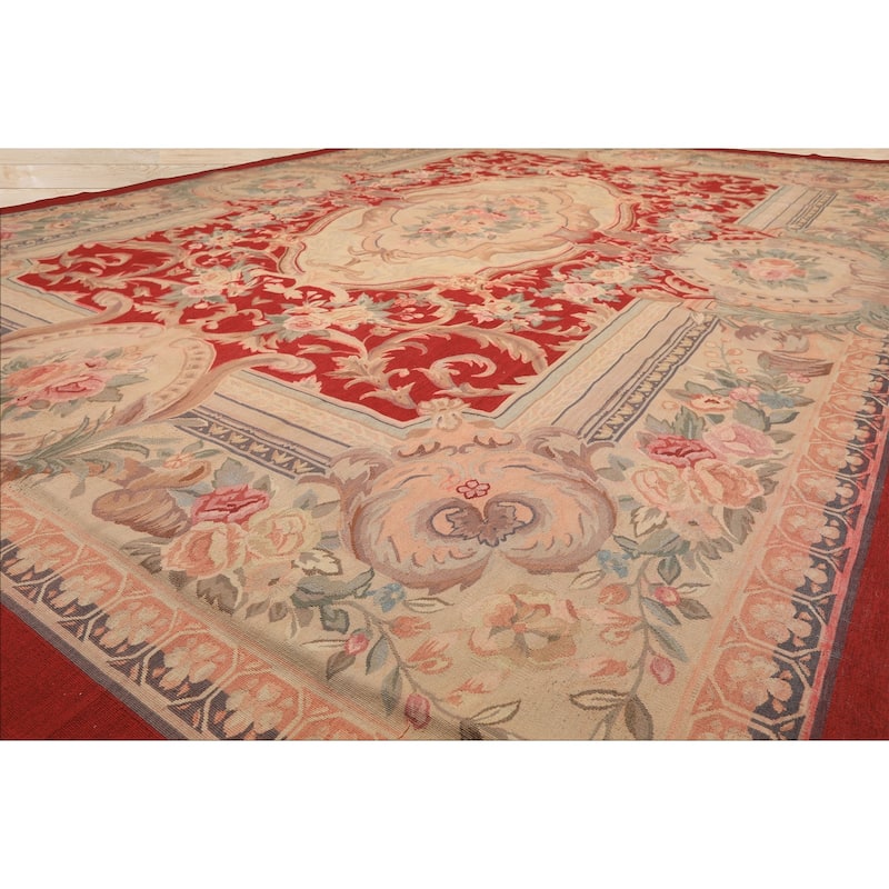8'10''x12'4'' Hand Woven Flatweave Wool Red Medallion French Aubusson Rug - 8' 10'' x 12' 4''
