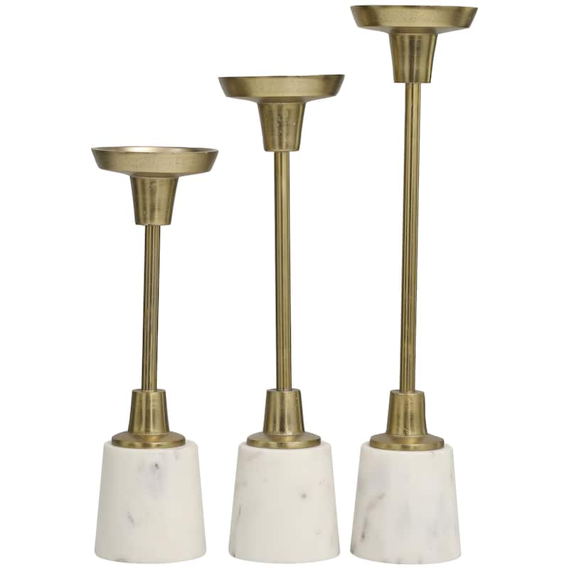 Aluminum Metal Slim Candle Holder with White Marble Base - Set of 3 Gold or Silver - Roche River Decor