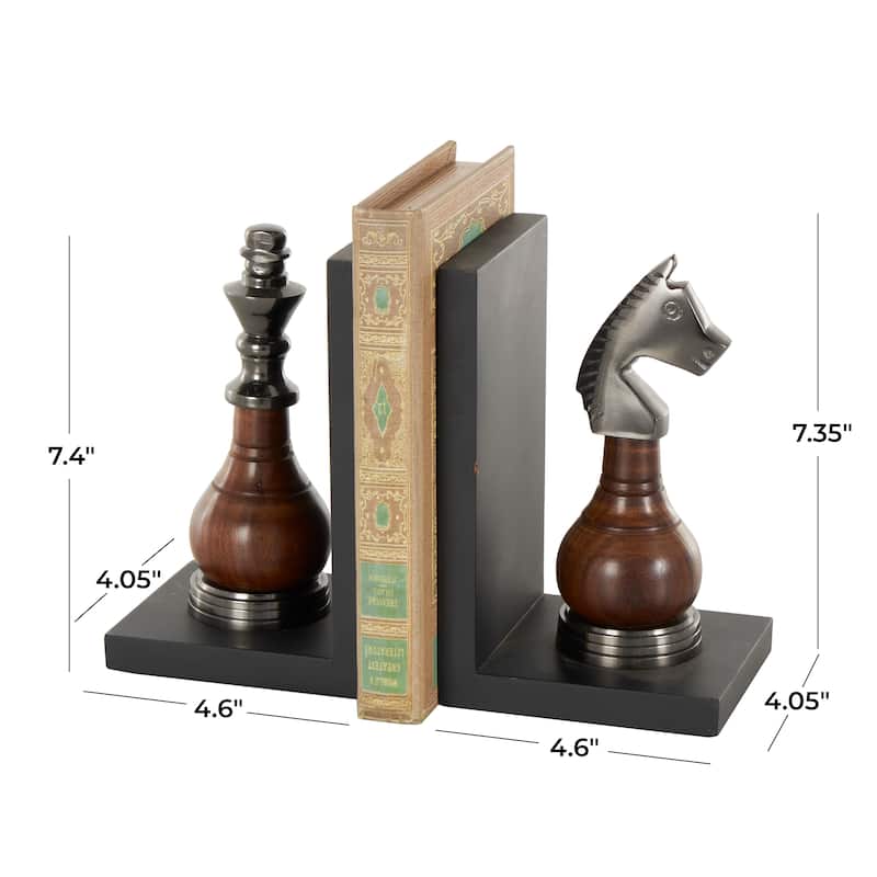 Black Aluminum Metal Chess Bookends with Aluminum Accents (Set of 2)