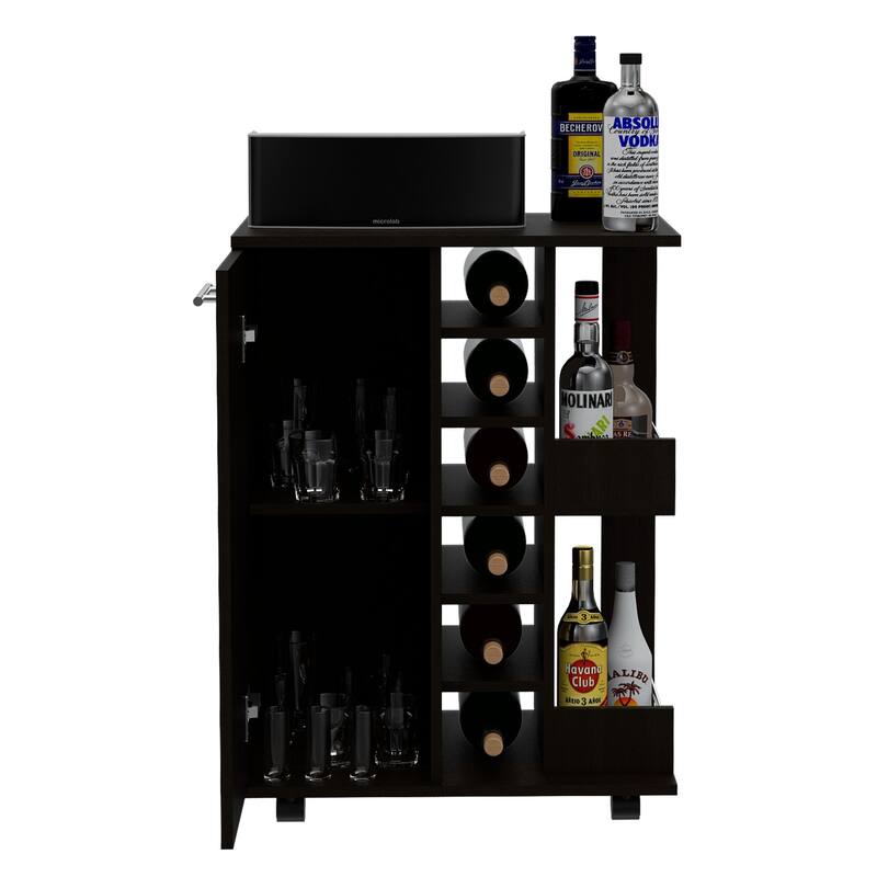 Bar Cart, Four Casters, Six Wine Cubbies, Single Door Cabinet