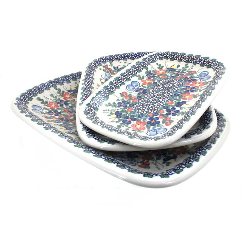 Blue Rose Polish Pottery 6200 Vena 3 Piece Rectangular Serving Set - Garden Butterfly
