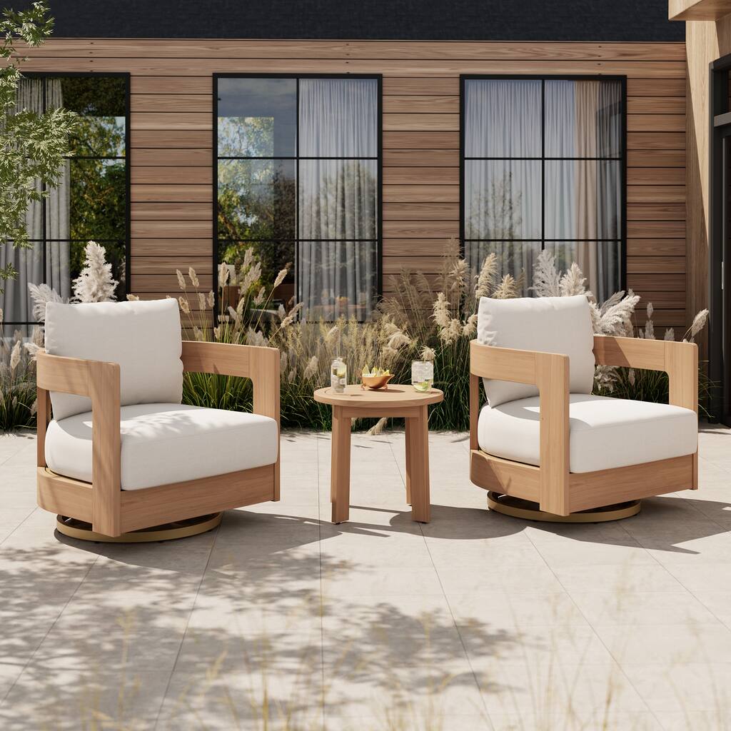 Outdoor 3-Piece Swivel Chair Conversation Set and Coffee Table in Eucalyptus Wood