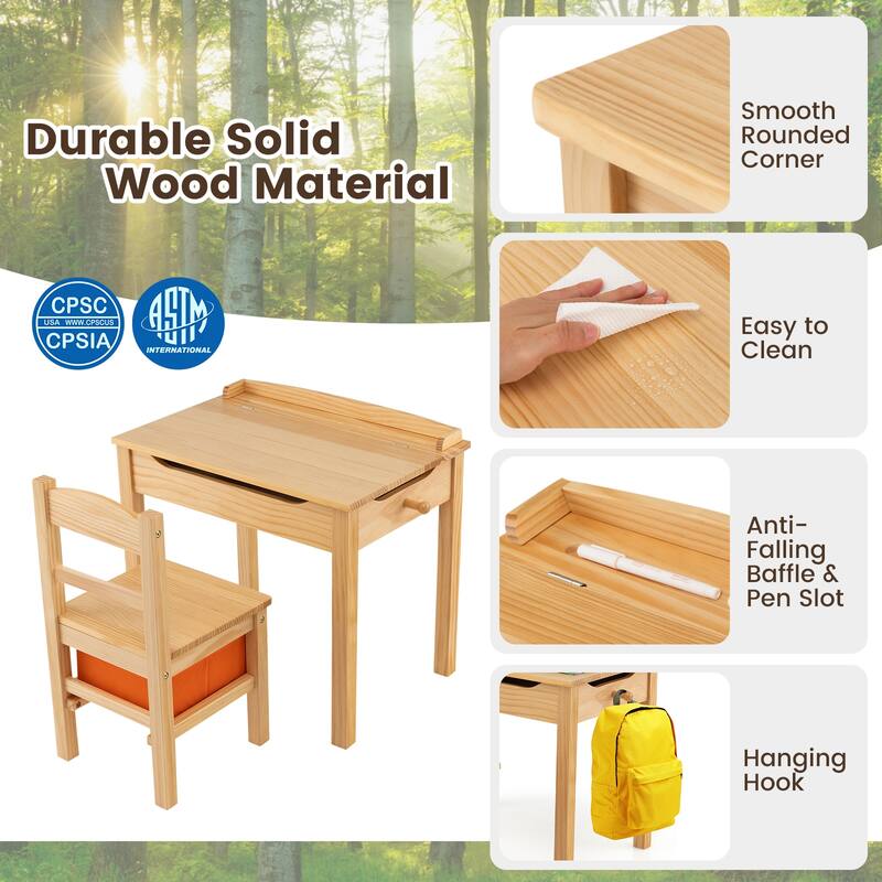 Gymax Kids Table and Chair Set Wood Activity Study Desk w/ Storage