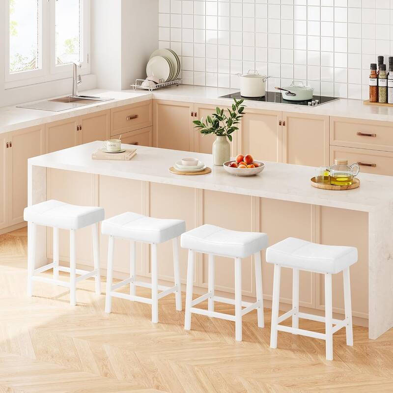 Bar Stools Set of 4, 24" Counter Height Upholstered Padded Barstools with Curved Surface - White+White