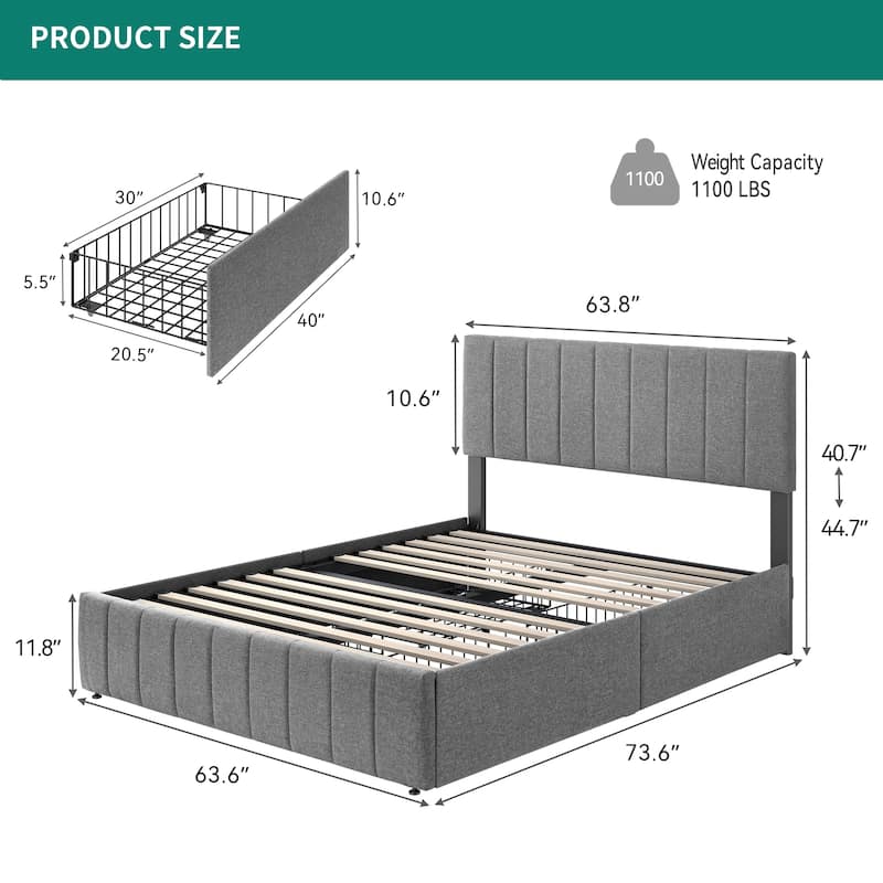 Modern Queen/King Grey Upholstered Bed Frame with Storage Drawers