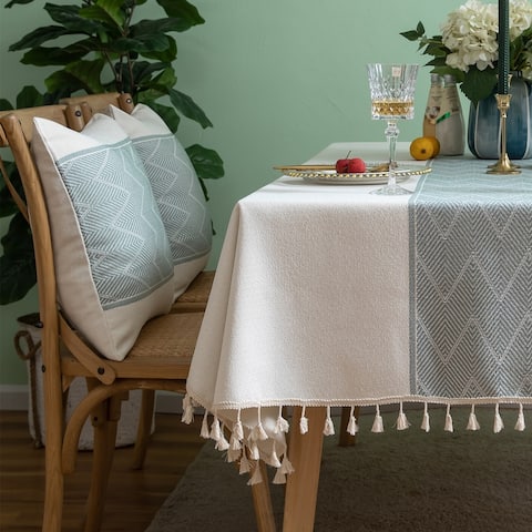 Enova Home High Quality Rectangle Cotton and Linen Tablecloth with Tassels (White)