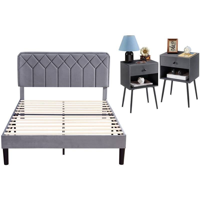VECELO 3-Pieces Upholstered Platform Bed Frame with Adjustable Headboard and Nightstands Set of 2, Grey