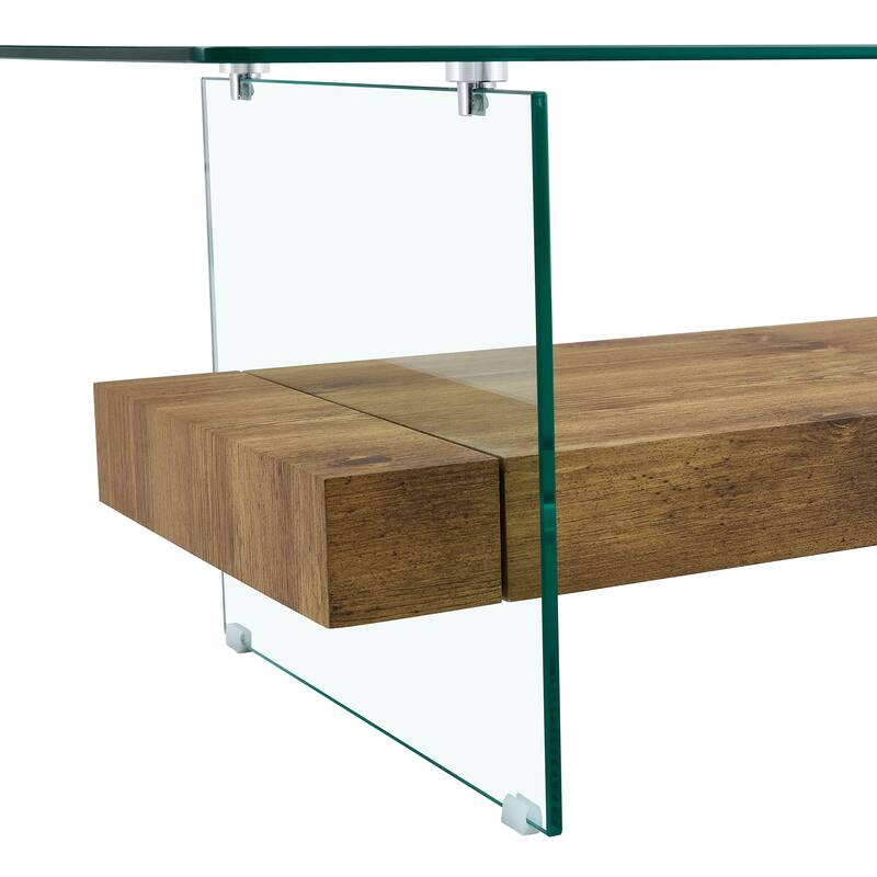 Roomfitters 43.3" Two-Tier Glass Coffee Table with Light Wood Shelf, Side Table or Display Stand