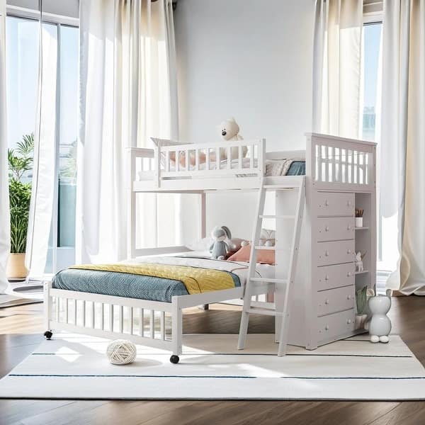 slide 2 of 44, Wooden Twin Over Full Bunk Bed With 6 Drawers And Shelves, White White