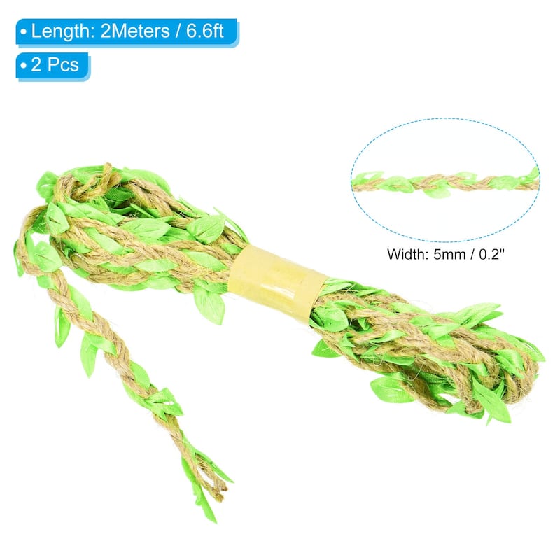 2Pcs 6.6ft 5mm Burlap Leaf Ribbon Vine Natural Jute Rope Twine - Fluorescent Green