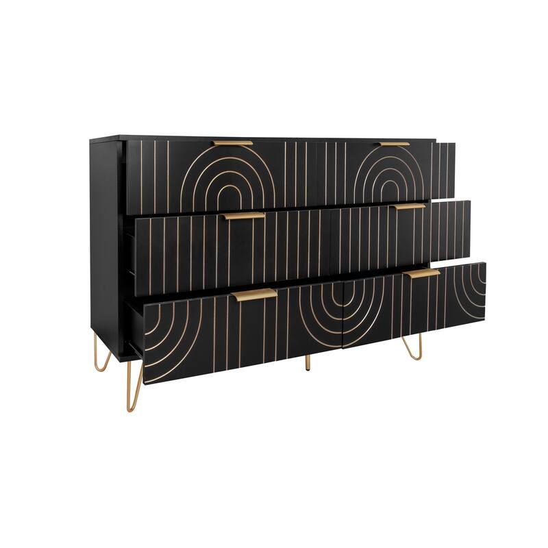 Contemporary 6-Drawer Dresser with Metal Handles and Carved Details for Living Room