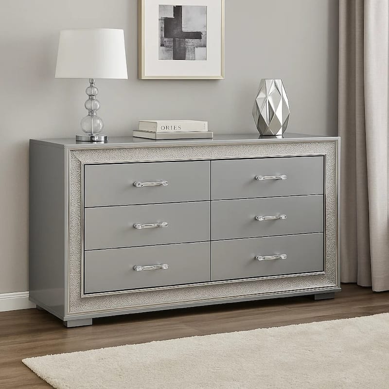 Cyl 6 Drawer Wide Dresser, Metallic Gray Solid Wood with Chrome Trim