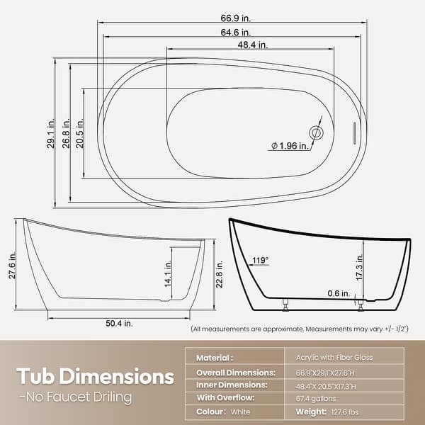 dimension image slide 1 of 4, Lahore Freestanding Acrylic Soaking Bathtub
