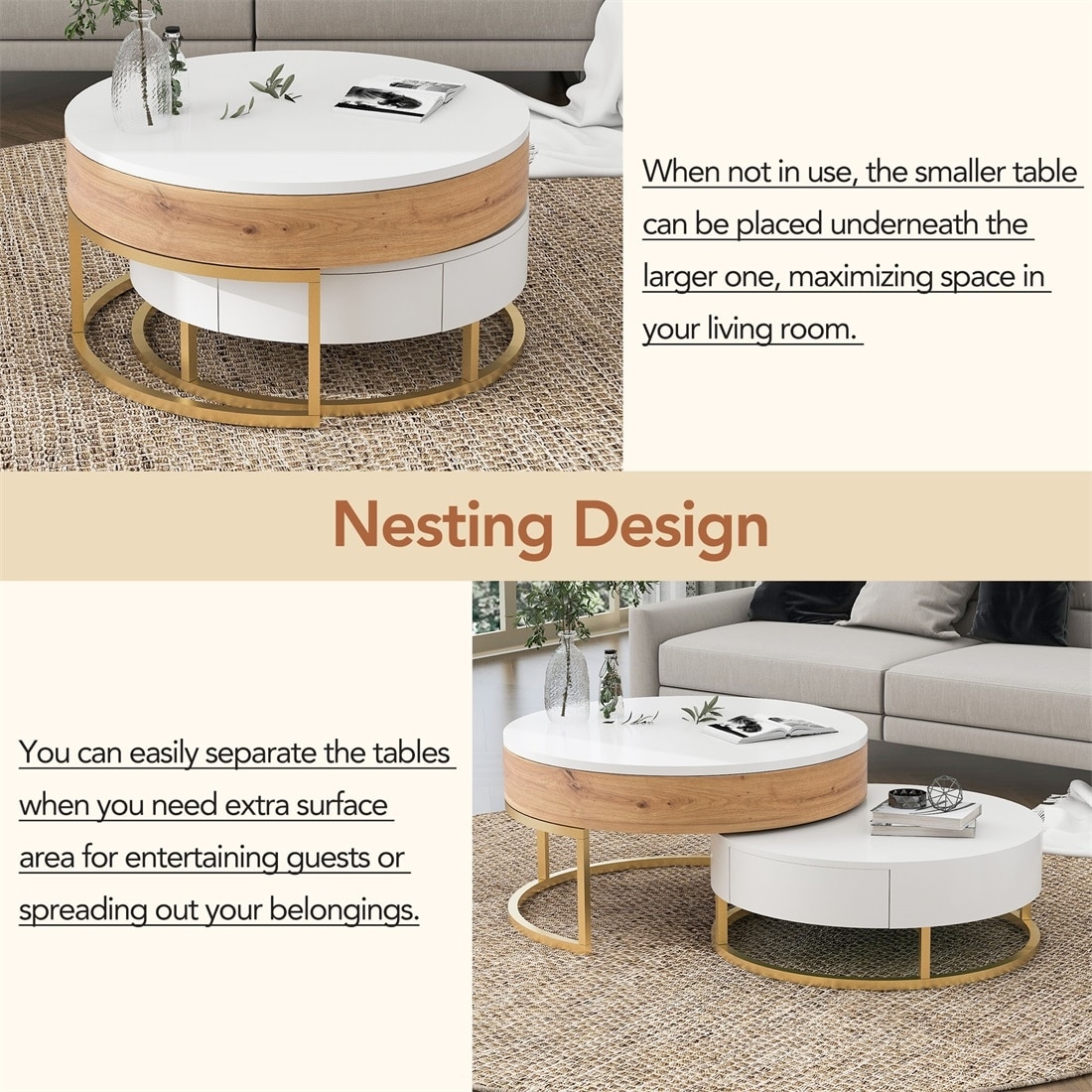 Merax Modern Round Lift Top Nesting Coffee Tables with 2 Drawers Natural Antique White