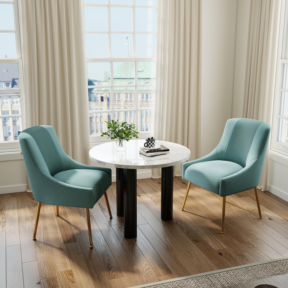 SEYNAR Modern Glam Boucle Pleated Velvet Dining Chair or Vanity Chair Set of 2 with Rear Handle