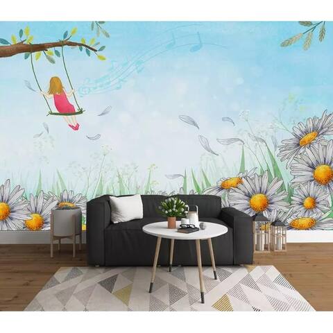 Cartoon Little Girl Daisy Garden Removable Textile Wallpaper
