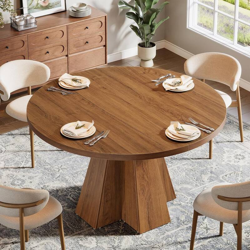 47-inch Round Dining Table, Modern Farmhouse Kitchen Table with Sturdy Base - 46.5" W x 46.5" D x 29.5" H - Walnut Brown