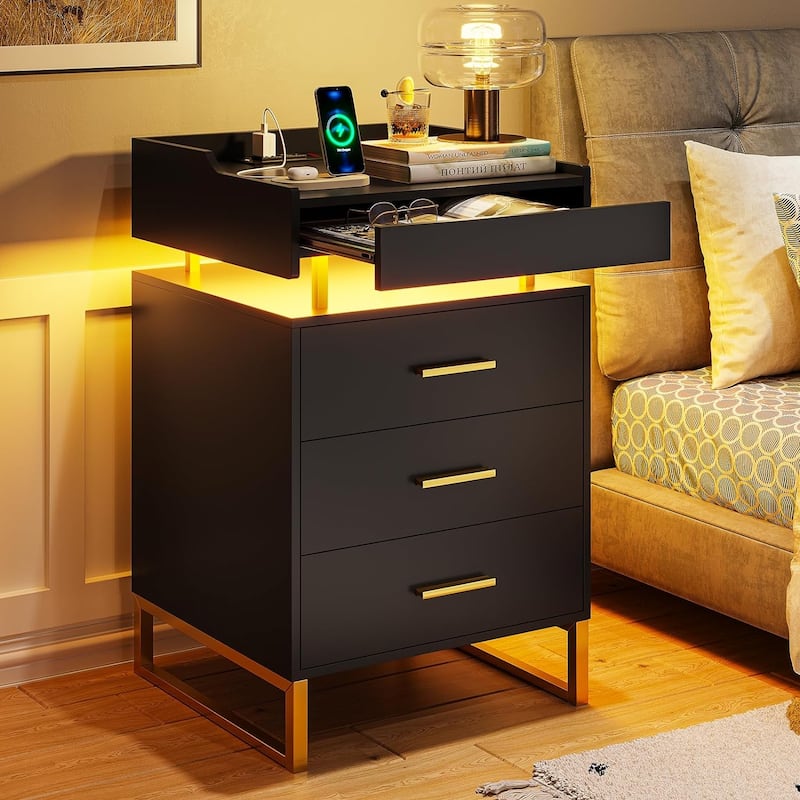 3 Drawers LED Nightstand Charging Station End Table