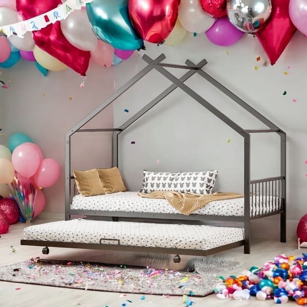 slide 2 of 49, Metal Adorable House Twin Size House Bed with Twin Size Trundle Bed Black