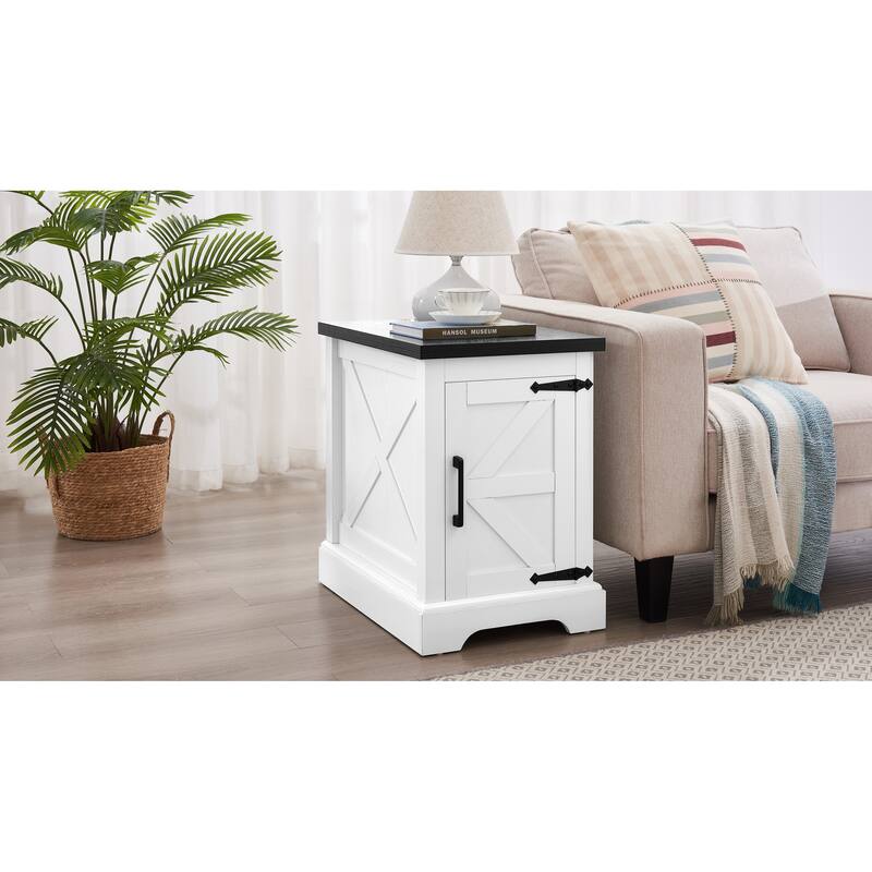 Farmhouse End Table Nightstand Rectangular Farmhouse End Table with Barn Door and Adjustable Storage Shelf