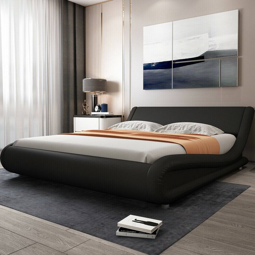 Queen Platform Bed Frame Curved Adjustable Headboard, Modern Black