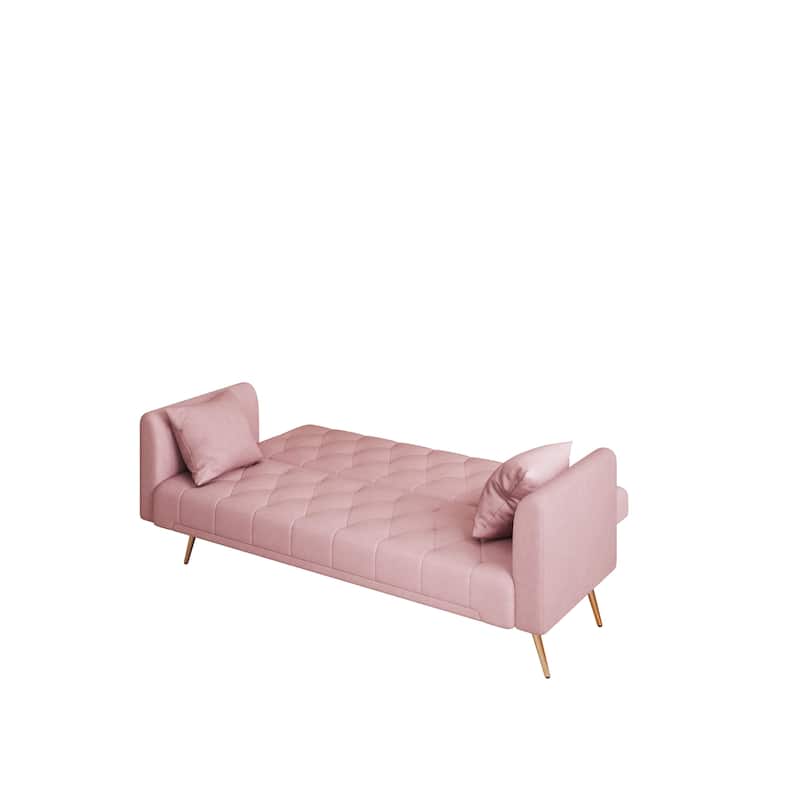 Pink 71" Velvet Convertible 3-seater Sofa Bed with Two Throw Pillows and Metal Legs for Living Room