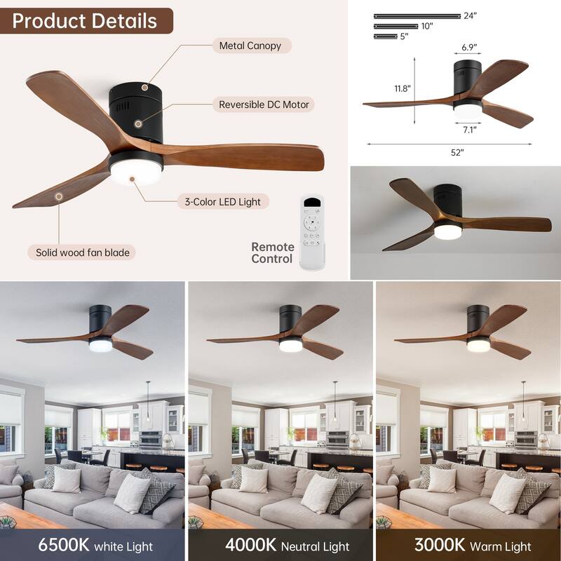 52 Inch Flush Mount Wood Blades White Ceiling Fan Reverse Airflow,6 Wind Speed,Remote Control