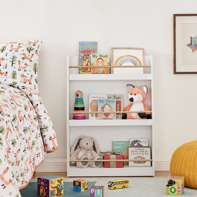 Danya B. Steiner White 3-Tier Kids Book or Magazine Storage Freestanding Bookcase with Contrasting Wood-Toned Rods