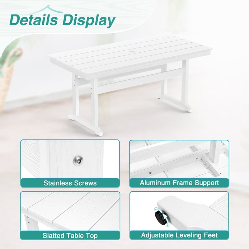 A 66.1-inch HDPS Outdoor Rectangular Table With Umbrella Holes - 32.7" W x 66.1" L x 30.1" H
