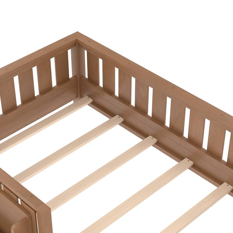 Montessori Floor Bed Low Profile Kids Bed with Rails & Bookshelf