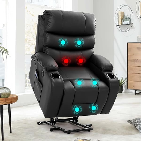 slide 2 of 54, EROMMY Oversized Power Lift Recliner with Massage & Heat – PU Leather Chair with Pockets, Cup Holders & USB Port Black - Variant 2