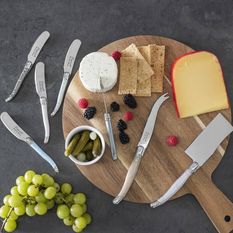 French Home Laguiole Cheese Knife and Spreader Set with Mother of Pearl Handles and Wood Board