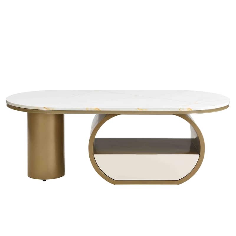 Modern Coffee Table with Storage Drawer & Shelf, Oval Accent Table with Adjustable Feet & Marble Top