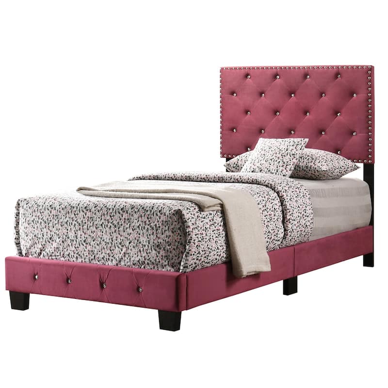 Twin Bed Frame Velvet Upholstered, Renaissance Style Bed, Cherry Finish