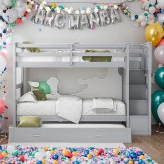 Modern Twin Over Twin Multifunctional Bunk Bed With Trundle And Staircase,Storage Drawers,Solid Construction