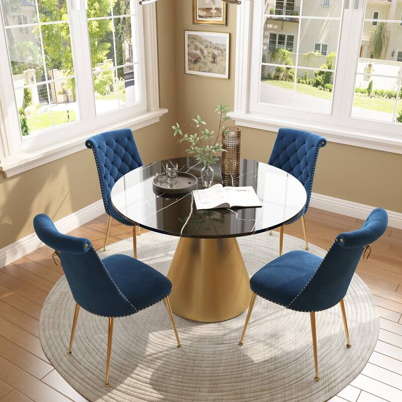 48" Marble Top Metal Dining Table with Velvet Dining Chair Set