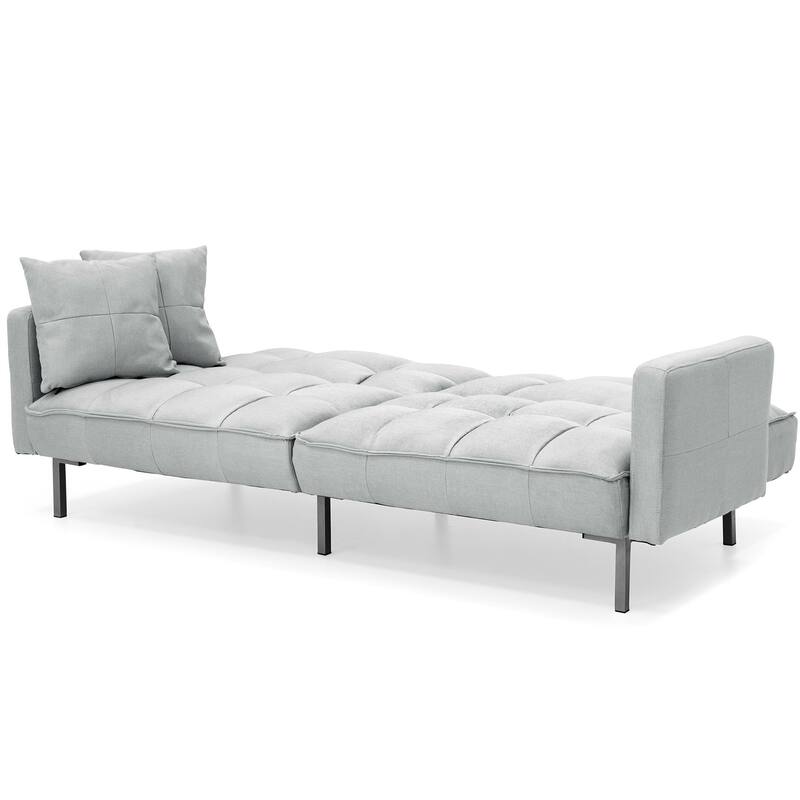 Plush Gray Split-Back Design Convertible Linen Tufted Futon w/ 2 Pillows - 75.5"(L) x 28.25"(W) x 33"(H)