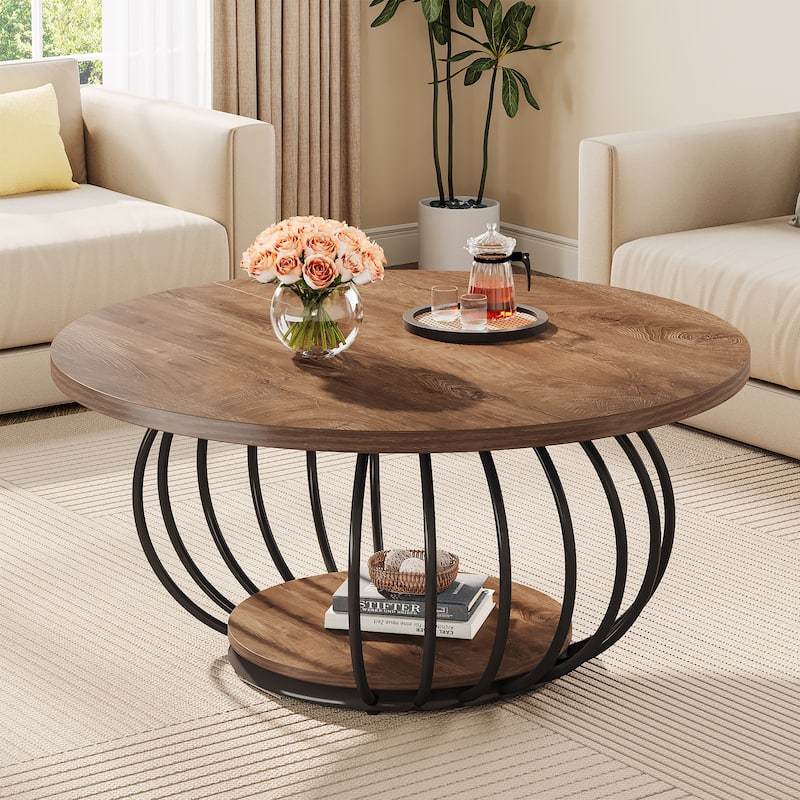 39.4" Rustic Wood Round Coffee Table with 2-Tier Storage - 39.37"D x 39.37" W x 18.11" H