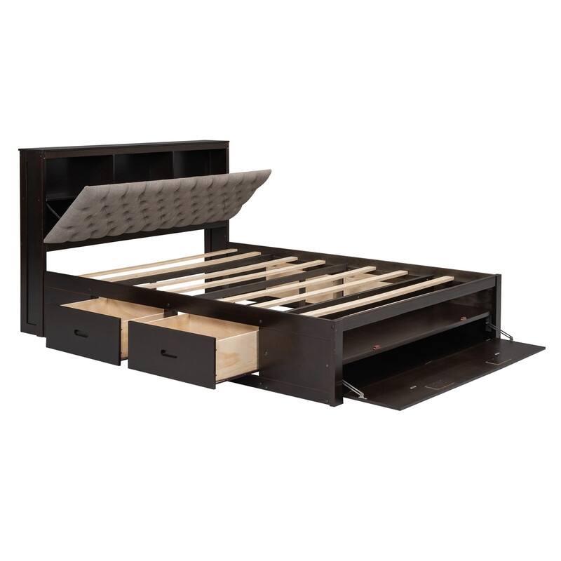 Queen Size Wood Platform Bed with Storage Headboard, Storage Shelves and 2 Drawers