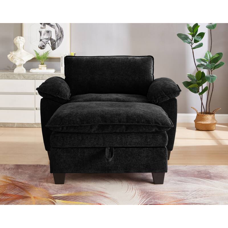 Cloud Lazy Chaise Lounge, Single Sofa Chair & Storage Ottoman Set of 2, Oversize Chenille Upholstered Lounge Sleeper Sofa