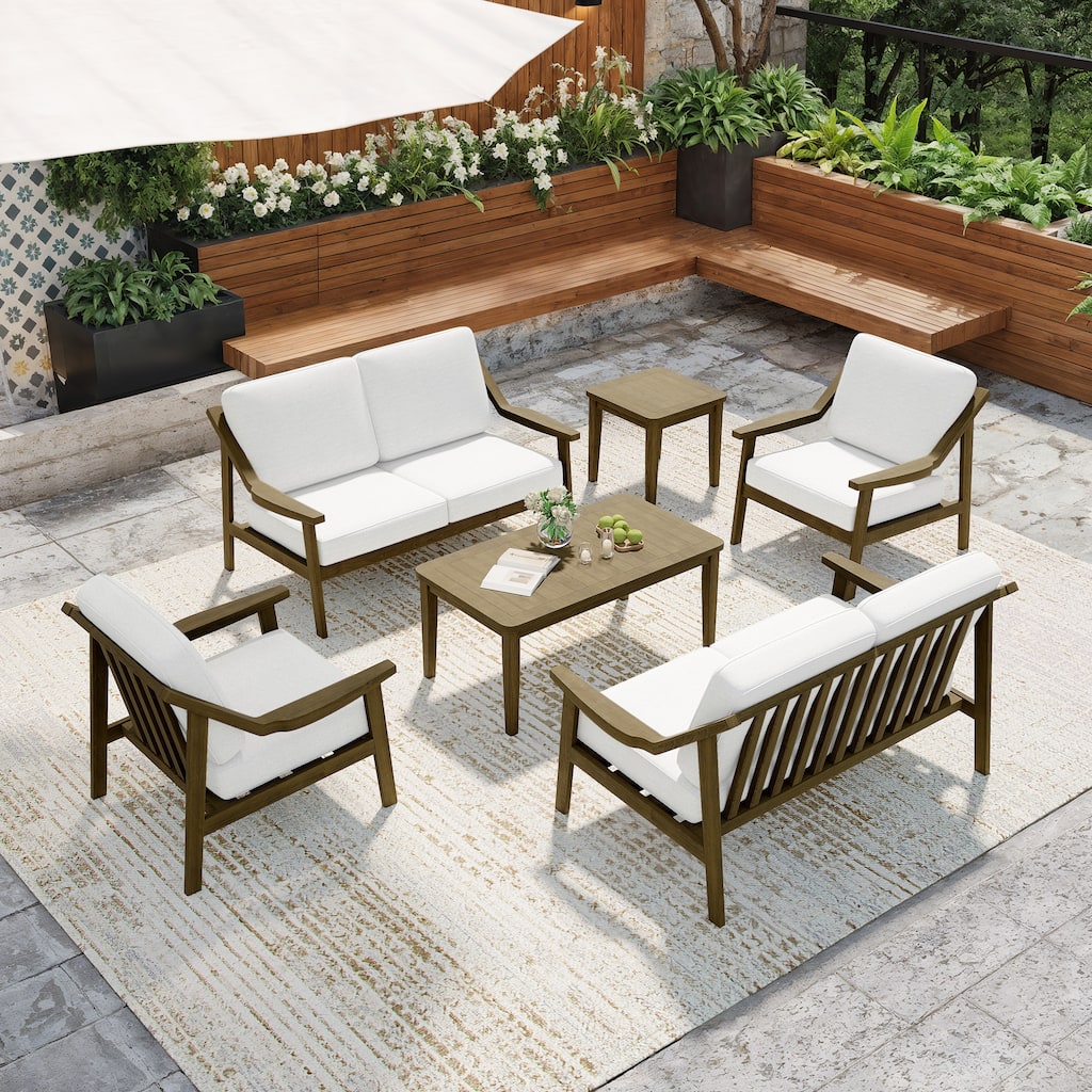 6-piece Wood Patio Chat Set Teak Conversation Set with Cushion