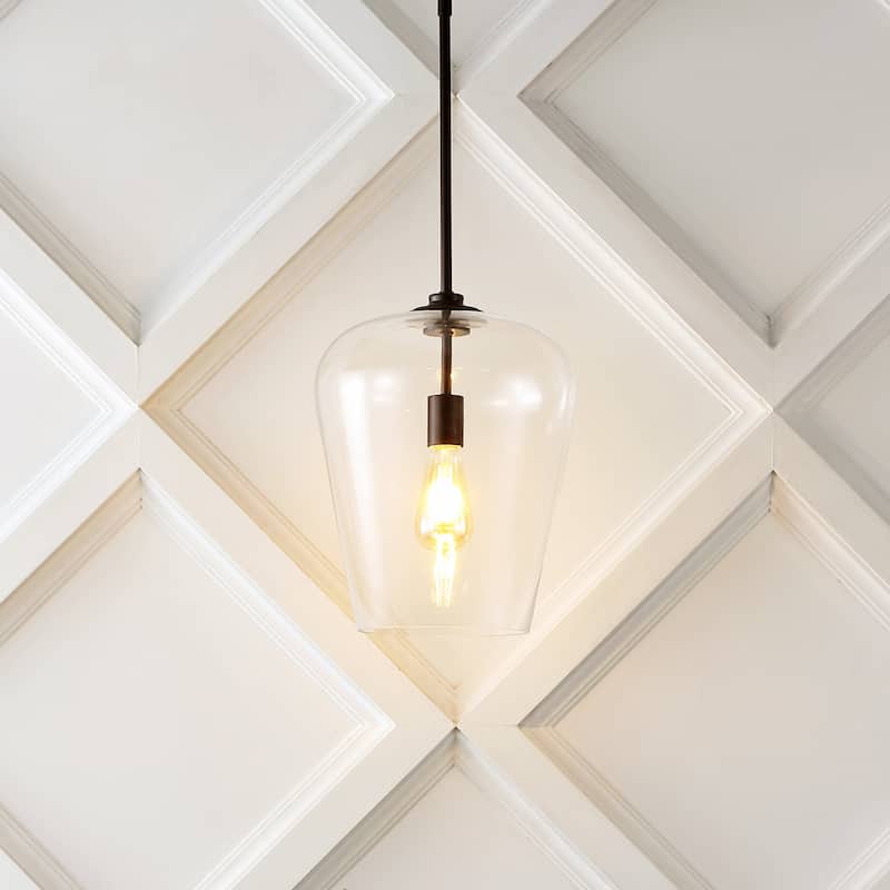 Ikon 11.25" 1-Light Industrial Farmhouse Iron/Glass LED Pendant, Oil Rubbed Bronze/Clear by JONATHAN Y