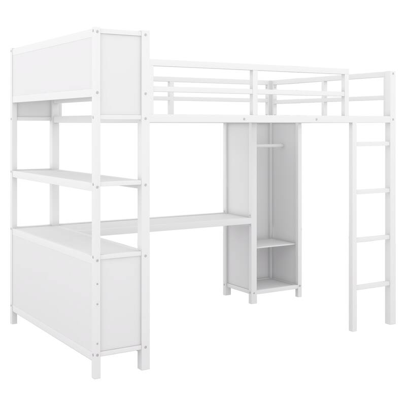 Full Size Metal Loft Bed with L-Shaped Desk, Built-in Wardrobe, Storage Shelves & Cubes