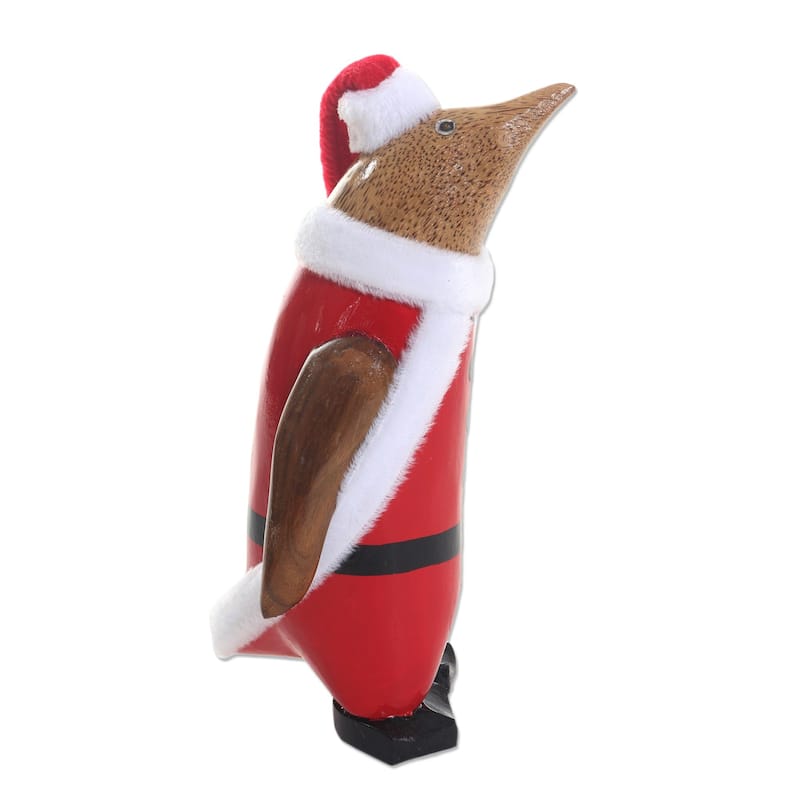 Wood statuette, 'Penguin Santa'