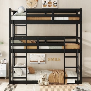 Detachable Triple Twin Bunk Bed with Two Built-in Ladders,Guardrails