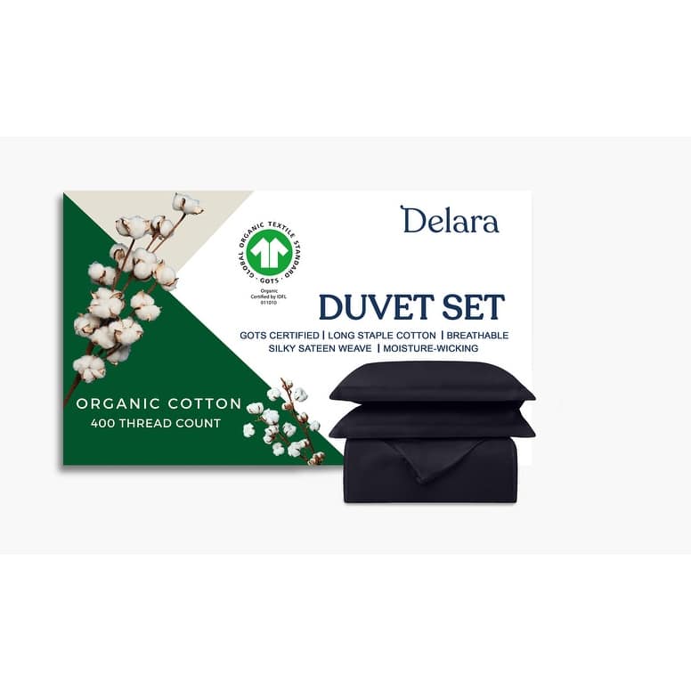 Delara GOTS Certified 100% Organic Cotton Duvet Cover Set 400TC, Long Staple Cotton, Moisture-Wicking, Smooth & Breathable - Dark Grey - Queen