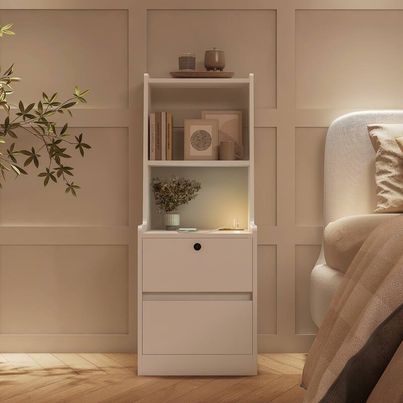 Modern Nightstand with Charging Station, Night Light, and Storage Cabinet