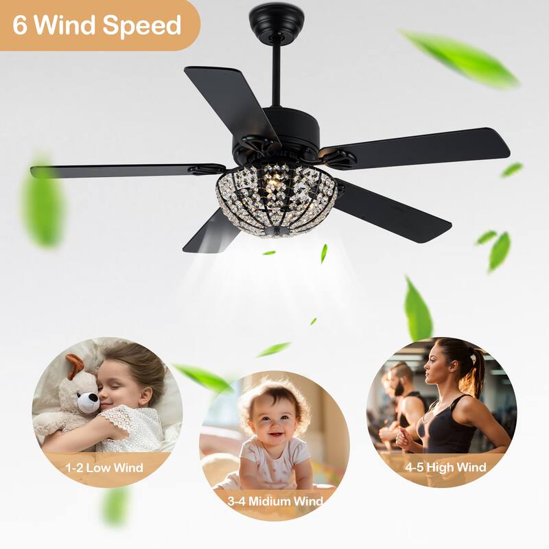 Cusp Barn 52 Inch Modern Crystal Black Ceiling Fan with Light, Noiseless DC Motor 6 Speeds Caged Ceiling Fan for Living Room